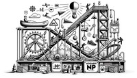 Black and white whimsical line art illustration of a wide landscape Rube Goldberg machine inspired by November Project's commitment to year-round outdoor fitness. The machine activates with a bed jettisoning a person, transitions through a mechanical high-fiving hand, and onto a shoe applicator. The design incorporates a canoe paddle, “NP” Letters, -30°C badge, megaphone, variety of body shapes, camera, iconic building, snowflake icon, staircase, and social media icons. Below the machine is a large box with the words 'NOVEMBER' and below that 'PROJECT'.