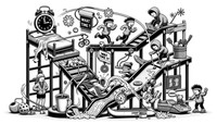 Black and white, highly detailed line art illustration of a Rube Goldberg machine themed around community fitness. It starts with a bed being tipped by an alarm clock, prompting a boy in a headband to commence push-ups. His movements tilt a park bench, causing a rain jacket to slide and nudge a coffee cup. The spilled coffee creates a stream leading a dog with a medal to chase a canoe paddle up stairs. A girl wearing a funny hat jumps, releasing a 'what time is it?' poster. This leads to a stadium where participants are giving each other high-fives beneath a 'rise and grind' sticker, and the scene concludes with a snowflake icon, emphasizing year-round activity.