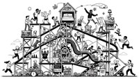 Black and white whimsical line art illustration of a wide landscape Rube Goldberg machine with diverse ethnicities and body sizes, themed around November Project's community fitness. The machine starts with a bed ejecting a person of Asian descent with a medium build, followed by a mechanical high-fiving hand, a shoe applicator. The machine incorporates shoes, a dog, water bottle, spray paint, t-shirt worn by a Hispanic person with a larger build, funny hat, hill, running trail, a Black boy doing push ups, high-fives, coffee, a cow bell, a maple leaf, hiking boots, and an alarm clock.
