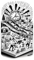 Black and white line art illustration of a Rube Goldberg machine focused on community fitness. An alarm clock buzzes, causing a cat to swipe at a water bottle, which spills onto a hill. This flow nudges a shoe into a pathway, leading to a boy in a mask doing push-ups. His movements shake a tree, dropping a maple leaf onto a sidewalk chalk drawing. A woman in a reflective vest performs squats, releasing a series of dominoes that bump into a park bench. This activates a skipping rope, causing a girl in winter gloves to jump. High-fives ensue, releasing motivational music notes. A 'just show up' banner waves, with a trophy placed nearby. A sunrise beams over an outdoor amphitheater, hinting at early morning workouts.