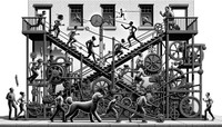 Generate a striking, black and white illustration reminiscent of a Rube Goldberg contraption, with a landscape aspect ratio that highlights a Rube Goldberg machine aimed at community fitness. In this whimsical contraption, an assortment of characters interact through intricate mechanical mechanisms. It all starts with a 40-year-old black woman gracefully emerging from a door, her exuberant golden-doodle companion tailing closely behind. As she dashes down a set of stairs, she cleverly passes a short wooden baton to a 30-year-old, athletically-built black man. This transfer activates a series of interconnected gears and levers, causing him to smoothly transition into a push-up position. Adjacent to this impressive display, a 50-year-old, heavy-set Asian man receives the baton and embarks on a brisk sprint down a steep urban road with sidewalks flanking both sides. His momentum engages a complex network of ropes and pulleys that ultimately lead to a pivotal moment. At the bottom of the hill, a 60-year-old, incredibly fit ultramarathoner of Hispanic descent eagerly accepts the baton and initiates a deep squat while his enthusiastic 7-year-old grandson joins in. This synchronized action triggers a grand unfolding of a colossal flag bearing the inspirational message 'JUST SHOW UP.' The flag rises with an elaborate mechanism and points the way forward. Continuing the chain reaction, a 25-year-old transgender man of average build high-fives his best friend, who shares a similar physique but represents a different ethnicity. The energy generated by their high-five sets off a catapult that launches a star toward a 21-year-old white woman proudly showcasing her extraordinarily well-developed biceps, humorously labeled 'Thunder' and 'Lightning.' The entire scene is a marvel of mechanical ingenuity, all in the spirit of community fitness.