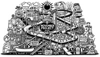 Black and white whimsical line art in a landscape layout of a Rube Goldberg machine themed around the 'November Project'. Extending off both canvas edges, it's designed to be horizontally tileable. The bold 'NOVEMBER PROJECT' logo is prominently placed in the center. Starting on the left, a bed ejects a person into the machine which then guides them through a mechanical high-fiving hand and a shoe applicator. Interwoven are elements like a spray paint, funny hat, a woman performing squats, high-fives, a canoe paddle, a cow bell, a “weather proof” sticker, a snowman, “race everything” sign, a huddle circle, a kettlebell, a yoga pose, and a sunrise. The design encapsulates the essence of early morning community fitness.