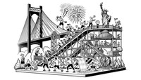Black and white line art illustration showcasing a Rube Goldberg machine with fitness communities. Boston's Zakim Bridge anchors one end, with athletes running beneath a 'Boston Strong' banner. A man doing push-ups activates a lever, sending a ball towards New York. The Statue of Liberty holds a torch which lights a fuse leading to fireworks in Central Park. Participants in the park react, with one in a funny hat tilting a water-filled platform, directing water flow towards Edmonton's section, where the Muttart Conservatory houses a waterwheel.