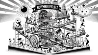 Black and white line art drawing in the style of Rube Goldberg. On the top, a bold banner reads 'NOVEMBER PROJECT'. The bottom displays a whimsical Rube Goldberg machine. A Middle Eastern woman turns a wheel, releasing a seed into a pot. Sunlight through a magnifying glass makes a tree grow, with diverse people in workout outfits emerging from its branches. An iconic building tilts, rolling a water bottle that activates a t-shirt press. A cat chases a laser pointer, running on a treadmill connected to a conveyor belt moving funny hats. A man gives high-fives, spinning a wheel that creates 'rise and grind' stickers. A girl wearing sunglasses bounces a ball, triggering a mechanism that releases coffee cups. A hill with people doing burpees sends a cartwheeling figure down, activating a 'game time!' poster display.