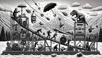 Wide landscape black and white line art illustration in the style of intricate detailed drawings presenting a Rube Goldberg machine themed for weatherproof outdoor fitness. At the start, a wind-up toy dinosaur with a dinosaur mask activates a large fan blowing wind. The wind pushes a water bottle causing it to tip and spill water onto a platform. The weight from the water makes the platform sink, activating sprinklers which simulate rain. The collected rainwater triggers a snow machine that starts producing snow. Amidst this snowy scene, a mechanical arm with an umbrella protects a man with a medium-dark skin tone doing push-ups. Adjacent to him, a mitten-applicator device applies mittens to an elderly man with a light skin tone doing squats. A young girl with medium skin tone jumps on a trampoline, causing a shoe to fall and press a button which releases a “game time!” poster. A dog running on a treadmill turns a maple leaf-shaped gear, causing a hill with a running trail to elevate, revealing stairs underneath. As a funny hat is blown by the wind, it triggers a mechanism releasing a sweat band. In the foreground, a “weather proof” sticker is prominently displayed, while a mechanism displays a “you've got this!” speech bubble. Throughout the machine, there are motivational banners, music notes indicating workout music, and a park bench. The scene is complemented with a city skyline in the background.