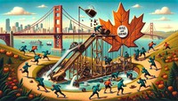 In Edmonton's fall-themed segment of the Rube Goldberg machine, athletes run up a hill, pushing a boulder which triggers a maple leaf-shaped pendulum with a 'Rise and Grind' sticker. As it swings, it knocks a cartwheeling athlete into a chute, sending them sliding towards San Francisco. The Golden Gate Bridge has cables acting as pulleys. Athletes in rain jackets run on treadmills powering a lift, elevating an athlete in a dinosaur mask. The coffee in their cup spills, forming a stream leading to Los Angeles, where it waters a plant near the Hollywood Sign.