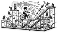 Black and white line art illustration of a wide landscape Rube Goldberg machine. At the start, a black woman energetically pedals a stationary bicycle. Her efforts power a tesla coil that emits lightning. This electrical surge causes a wig to be blown away by an artificially generated wind. The wig's movement pulls on a string attached to a rain jacket, making it pour water into a bucket. As the bucket overflows, it tilts a sidewalk panel, prompting a snowman to roll and activate a mechanism that produces gusts of wind. The scene incorporates elements like a “let's get a little bounce” speech bubble, a trophy activated by the wind, a camera flash caused by the lightning, and a handshake-driven turbine.