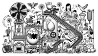 Black and white line art illustration, Rube Goldberg style, showcasing a fun and elaborate mechanism for starting a fitness community. An Asian woman activates a fan, sending dandelion seeds that cause a dog to sneeze. This sneeze catapults a chicken into a coop, where another chicken lays an egg. A large egg arrives on a conveyor belt, only to be smashed by a hammer. A Hispanic boy in running shoes steps out of another hatching egg. Integrated are a camera on a robotic arm, a spray paint can machine, and another robotic arm placing diverse individuals into a stadium. Elements include a funny hat, a dinosaur mask, a breakfast plate, a hill with a 'just show up' banner, a dog next to a 'game time!' poster, a trophy, sunglasses, a water bottle, and a woman performing squats near a stopwatch.