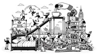 Black and white, detailed line art illustration in the style of Rube Goldberg, in portrait orientation. A bed's mechanism propels a boy wearing a beanie into a series of whimsical contraptions. This cascade activates a mechanical high-fiving hand which, in turn, nudges a coffee cup. The spill from the cup directs a cat to chase a 'you've got this!' banner. As the banner unfurls, it triggers a shoe applicator that humorously attempts to place athletic socks on a dog. The scene transitions to an outdoor park setting where participants joyfully celebrate, framed by a whimsical city skyline.