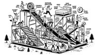 Black and white whimsical line art illustration of a wide landscape Rube Goldberg machine promoting outdoor community fitness of November Project. The machine features a bed launching a person into a shoe applicator with a mechanical hand for high-fives. The contraption integrates a dog, sweat band, stairs, sidewalk, a woman performing squats, hugs, donut, medal, costume, a cartwheel, an umbrella, winter gloves, a snowman, and “weather proof” sticker.