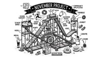 Black and white whimsical line art illustration of a wide landscape Rube Goldberg machine promoting outdoor community fitness of November Project. The machine features a bed launching a person into a shoe applicator with a mechanical hand for high-fives. The contraption integrates a puppy, sweat band, stairs, sidewalk, a woman performing squats, hugs, donut, medal, costume, a cartwheel, an umbrella, winter gloves, a snowman, and “weather proof” sticker. Beneath the machine is a prominent separate box with the words 'NOVEMBER' and below that 'PROJECT'.