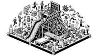 Isometric black and white line art illustration of a Rube Goldberg machine themed around the 'November Project'. The machine seamlessly extends off the left and right edges. Central to the image is the 'NOVEMBER PROJECT' logo. A person is launched from a bed on the left and journeys through the machine, encountering a shoe applicator and a mechanical high-five hand. Included are a water bottle, side walk, a girl jumping, coffee, a medal, sunglasses, a dinosaur mask, winter gloves, a “you've got this!” speech bubble, a trophy, snowflake icon, a waving hand, a stadium, and a skipping rope. The essence of community fitness is palpable.