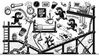 Black and white whimsical line art illustration in the style of Rube Goldberg, in portrait orientation. The scene initiates with a bed's mechanism ejecting a surprised boy into the air. Landing, he tips a coffee cup, setting a dog into chase. This action activates a mechanical high-fiving hand which nudges a water bottle down a hill. As it rolls, it prompts a girl in a dinosaur mask to jump, revealing a 'rise and grind' sticker. The chain of events leads to a whimsical shoe applicator trying to fit shoes onto a cat. The background showcases a city skyline with a “weather proof” sticker, and a 'just show up' banner.