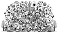 Black and white whimsical line art illustration in landscape orientation of a Rube Goldberg machine themed around community fitness in the early morning sun. The machine is filled with diverse athletes of different abilities, genders, ages, and races/ethnic backgrounds engaging in spring fitness activities. They interact with various props such as shoes, dog, water bottle, a boy doing push ups, a maple leaf, an umbrella, “heck yeah” speech bubble, Megaphone for verbal motivation, Bouncing Balls symbolizing 'The Bounce', Camera for group photo, Iconic Building as a local landmark, Stopwatch for HIIT, High-Five, Music Notes for workout music, and Outdoor Park Setting.
