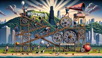 Los Angeles' section of the Rube Goldberg machine displays the Hollywood Sign, where athletes in sunglasses jog on a conveyor belt. As they run, the belt turns a gear, raising a platform with a megaphone-wielding motivator. A dog's wagging tail pushes a button, releasing a balloon that floats towards Chicago. The Chicago skyline and Willis Tower overlook athletes in Millennium Park. As they squat, weights lift, activating a pendulum. A figure with a stopwatch times the swings, with each tick releasing a small ball towards Washington, D.C.