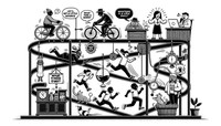 Wide black and white line art illustration in Rube Goldberg's style, emphasizing movement and diversity. An African man, lured by a dangling medal, starts a stationary bike, powering the machine. This causes a European woman, drawn by a “let's get a little bounce” speech bubble, to do jumping jacks. Her movements release a funny hat that rolls down, activating a “what time is it?” poster. This leads an East Asian girl to do a cartwheel. A coffee cup spills, causing a Hispanic man to slip into a push-up pose, activating a mechanism which scares a cat into jumping on a “stronger every day” sticker.