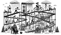 Wide landscape line art illustration of a black and white Rube Goldberg machine. The sequence starts with a black woman energetically pedaling a stationary bicycle, which powers a tesla coil to generate lightning. This lightning activates a mechanism causing rain. As the rain pours, an Asian man in a raincoat does lunges, each lunge causing a bucket to fill with rainwater. Once full, the bucket tips, rolling a ball down a ramp, activating a fan producing wind. A Hispanic woman in athletic gear uses this wind to aid her in high jumps. Her jumps push down on a platform that releases snow. Nearby, an elderly Caucasian man in winter attire practices tai chi, his movements shifting snow onto a heated plate. The plate warms, simulating extreme heat. A Middle Eastern woman in breathable sportswear does yoga under this heat. As she switches poses, she activates a lever that releases a cold blast, simulating extreme cold. A group of diverse individuals, including an individual in a wheelchair, are seen doing group exercises, adapting to each weather condition.