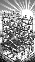 Black and white, highly detailed line art illustration in portrait orientation of a Rube Goldberg machine centered on community fitness in the early morning sun. Include a range of athletic abilities, genders, ages, and races and/or ethnic backgrounds engaging in various fitness activities throughout the four seasons. Include fitness equipment in the design but also outdoor fitness-related props/gear such as water bottles, bikes, towels, sweatbands, running shoes, bike helmets. Have some of the athletes high-fiving or hugging. Athletes can be jumping, sitting, lying down to do the exercises and can be seen doing Parkour on the Rube Goldberg machine.
