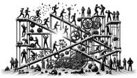 Black and white, detailed line art illustration in landscape orientation of a Rube Goldberg machine representing community fitness in the early morning sun's glow. The winter scene displays athletes of varied backgrounds and athletic proficiencies engaging in cold-weather fitness activities. The design amalgamates fitness tools like weights, water bottles, bikes equipped for snow, warm hats, and sweatbands. Some athletes share moments of hugging or high-fiving, while others are in motion, resting, or even performing Parkour on the snowy parts of the machine.