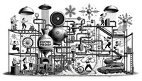 Black and white line art illustration reminiscent of Rube Goldberg. The canvas presents a vast machine centered on weatherproof outdoor fitness. On the far left, a heater produces scorching temperatures; nearby, a middle-aged woman of Middle Eastern descent, with a petite stature, adjusts winter gloves using a mechanical contraption. Adjacently, a powerful fan whips up wind, and a young girl of mixed-race descent in her early 20s, with an athletic physique, performs squats while a t-shirt flutters by. The center stage is taken by sprinklers imitating rain, under which a man of South Asian descent in his 50s, with a muscular build, skips rope. To the rightmost, a machine churns out snow, and a woman of Indigenous descent in her 60s, with a fuller figure, places a 'weather proof' sticker on a snowflake. Interwoven throughout are elements like shoes, a cat, a 'heck yeah' speech bubble, a coffee cup, a bicycle, a stretching figure, a rain cloud, and a 'stronger every day' sticker, each contributing to the machine's function.