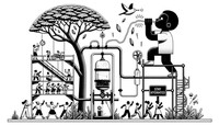 Black and white line art illustration, Rube Goldberg style with a generous white margin at the top and bottom, illustrating a mechanism for establishing a fitness community. A Latin American child blows a whistle, catching the attention of a bird. The bird drops a seed into the ground which grows into a tree where people are seen doing pull-ups on the branches. The weight of the people bends a branch, activating a machine that dispenses water bottles. A “stay hydrated” sign lights up, and a nearby group begins a synchronized dance.