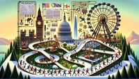The Rube Goldberg machine's segment for Washington, D.C. features the U.S. Capitol. Athletes work out near the National Mall, with a circuit board transferring energy to light up a path. A signed race document acts as a wind sail, propelling a cart towards wintery London. The London Eye rotates, powered by athletes in winter gear doing group cheers. A flag waver sends snowflakes towards a chute, sliding them to Hong Kong. The skyline, including the Bank of China Tower, overlooks a park. Athletes holding hands form a human chain, passing energy through each stretch, culminating in a grand finale light show over Victoria Harbour.
