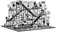 Wide black and white line art illustration of a Rube Goldberg machine in the style of Rube Goldberg, focusing on movement and diversity. An ejector bed launches a Pacific Islander man onto a treadmill, powering a mechanism in the Rube Goldberg machine. His movement makes an Indigenous woman rise from her ejector sofa, lured by a “game time!” poster. As she moves, a Latina woman in a sweat band rings a cow bell in the machine, startling a cat which chases a pair of socks. This leads to a sidewalk where an Asian boy is prompted to do push-ups. His actions cause a “weather proof” sticker to activate, releasing a spray paint marking a running trail. A Middle Eastern woman, seeing the trail, does a yoga pose, releasing a bouncing ball that hits a “you've got this!” speech bubble.