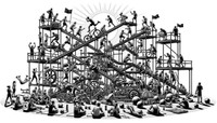 Black and white, highly detailed line art illustration in landscape orientation of a Rube Goldberg machine emphasizing community fitness under the morning sun. The scene captures athletes from various backgrounds, ages, and athletic capabilities participating in summer fitness activities. The design integrates fitness gear like dumbbells, kettlebells, water bottles, bikes, and towels. Some athletes exchange hugs or high-fives, while others jump, sit, or lie down for exercises, with a few performing Parkour stunts on the machine components.