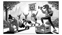 Black and white, detailed line art illustration in portrait orientation portraying November Project's fitness spirit. Initiated by a bed's vibration from a fitness tracker's beep, a boy in a dinosaur mask engages in push-ups. His actions set a ball in motion, leading a woman wearing athletic socks to squat, unveiling a 'rise and grind' slogan. A girl in a rain jacket leaps, activating a megaphone broadcasting the 'you've got this!' message. The depiction segues to an outdoor park setting, where participants high-five beneath a motivational banner, with a sunrise in the background symbolizing early morning workouts.
