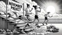 Black and white, detailed line art illustration in portrait orientation showcasing the essence of November Project. Sparked by a bed's tremor from a whistle's blow, a girl in athletic socks starts push-ups. Her movements dislodge a coffee cup, causing a spilled stream which a dog chases up a staircase. At the pinnacle, a woman in a wig begins squats, triggering a 'you've got this!' speech bubble. The depiction shifts to an outdoor park, where participants wearing sneakers and beanies high-five beneath a motivational banner, with a sunrise in the backdrop.