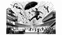 Black and white, intricate line art illustration in portrait orientation capturing November Project's fitness essence. The tableau ignites with a bed jolted by an umbrella's snap, propelling a boy in hiking boots into push-ups. His movement triggers a spray paint can, illustrating a 'let's get a little bounce' speech bubble. This cascade leads to a stadium where a diverse crowd rejoices with high-fives. A 'race everything' sign takes center stage, with the entire scene culminating with an iconic building in the background, underscoring community.