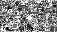 Wide cartoonish monochrome line art design, in the style of classic doodle art, on a white background capturing Winter's essence and its association with the November Project. The canvas presents distinct doodles, each separated by clear white gaps. Doodles represent: a snowman, winter gloves, hills, a cow bell, a wheelchair, a girl wearing a funny hat, and donuts. Among these doodles, a sign reading 'you've got this' is distinctly visible.
